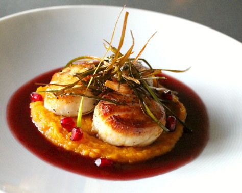 Scallops with Pomegranate Beurre Blanc: Easy and Elegant! | Coley Cooks... Gourmet Food Plating, Squash Puree, Seafood Entrees, Fine Dining Recipes, Scallop Recipes, Scallops Seared, Seafood Dinner, Tasting Menu, Seafood Dishes