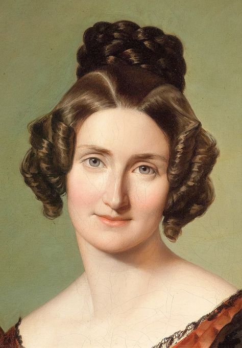 August Alexius Canzi, 1835 - detail - Click to enlarge 1800s Hair, Historical Hairstyles, 1830s Fashion, Short Hair Back, Regency Era Fashion, Victorian Hairstyles, Regency Fashion, Historical Painting, Portrait Of A Woman