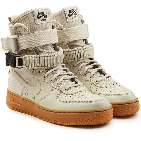 Nike SF Air Force 1 High Top Sneakers ($215) ❤ liked on Polyvore featuring shoes, sneakers, beige, beige sneakers, nike trainers, beige shoes, military footwear and high top sneakers Nike Air Force High, Air Force 1 High Top, Air Force 1 High Tops, Nike Sf Air Force 1, Military Shoes, Polyvore Items, Nike Sf, Futuristic Shoes, Sneaker Outfits