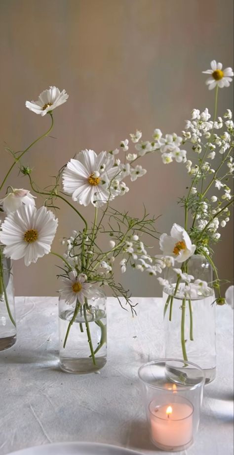 Chamomile Flowers Wedding, Flowers From Ceiling Wedding, Diy Ceremony Flowers, Simple Florals Wedding, Daisy Centerpiece Ideas, Minimal Flower Wedding, Simple Wedding Florals, Chamomile Wedding, Simple Wedding Table Decor