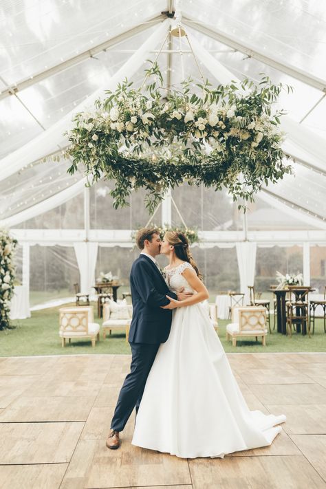 Hanging Floral Ring, Wedding Greenery From Ceiling, Hanging Flowers Tent Wedding, Wedding Greenery Chandelier, Wedding Floral Ceiling Decor, Wedding Chandelier Ideas Ceiling Decor, Hanging White Flowers Wedding, Floral Chandelier Wedding Diy Hula Hoop, Flowers On Chandelier Wedding