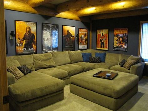 Home theater room, with a big couch and our movie posters on the walls Home Theater Room, Big Couch, Movie Theater Rooms, Basement Home Theater, Room Couches, Home Cinema Room, Home Theater Decor, At Home Movie Theater, Small Basements