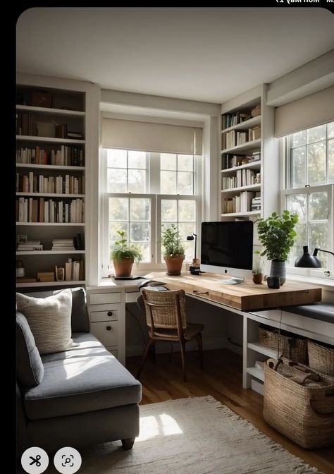 Small Home Library, Library Rooms, Minimalist Home Office, Home Office Library, Cozy Office, Cozy Home Office, Small Home Offices, Office Guest Room, Home Library Design