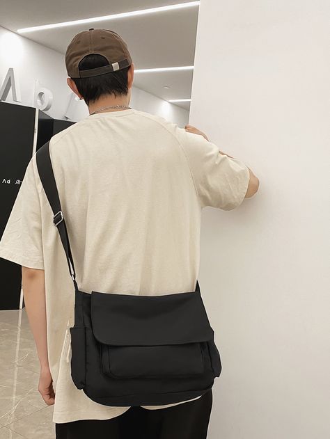 Black  Collar  Nylon Plain Messenger Bag Embellished   Men Bags Man Purse Aesthetic, Shoulder Bags Men, Aesthetic Bag Men, Bag For Men Aesthetic, Man Bags Fashion For Men, Side Bag Outfit, Side Bag For Man, Men’s Bags, Man Bags Shoulder For Men