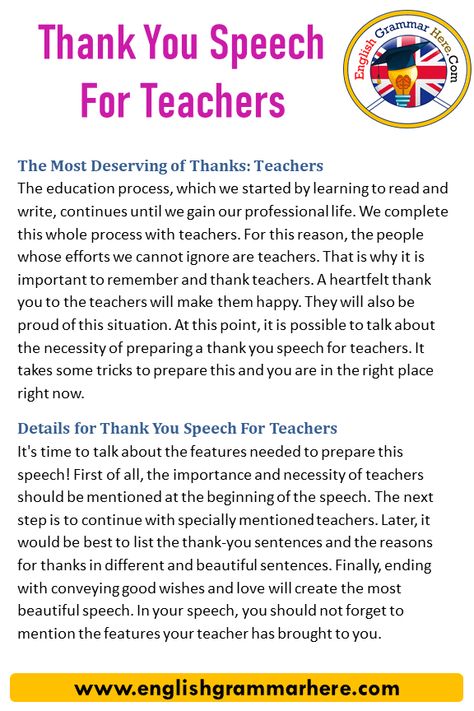 Thank You Speech For Teachers, Samples and Examples The Most Deserving of Thanks: Teachers The education process, which we started by learning to read and write, continues until we gain our professional life. We complete this whole process with teachers. For this reason, the people whose efforts we cannot ignore are teachers. That is why it is important to remember and thank teachers. A heartfelt thank you to the teachers will make them happy. They will also be proud of this situation. At this Thank You Speech For Teachers, Thank You Speech, Farewell Speech For Students By Teacher, Speech For Teachers Day, Speech For Teachers, Teachers Day Speech In English, Closing Remarks Speech Sample, Thanks Speech, Teachers Day Speech