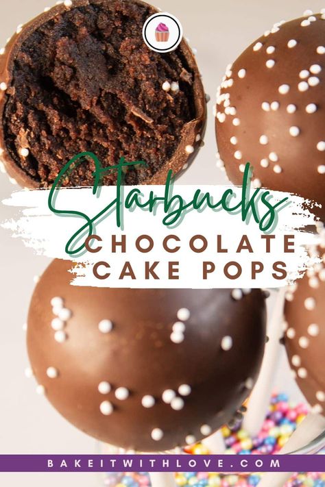 Starbucks chocolate cake pops recipe pin with a closeup image of the cake pops and text title overlay. Chocolate Cake Pops With Cream Cheese, Starbucks Chocolate Cake Pops Recipe, How To Make Chocolate Cake Pops, Cake Pop Bars, Cake Pop Maker Recipes, Starbucks Chocolate Cake Pops, Chocolate Cake Pop Recipe, Starbucks Cake Pops Recipe, Starbucks Chocolate Cake