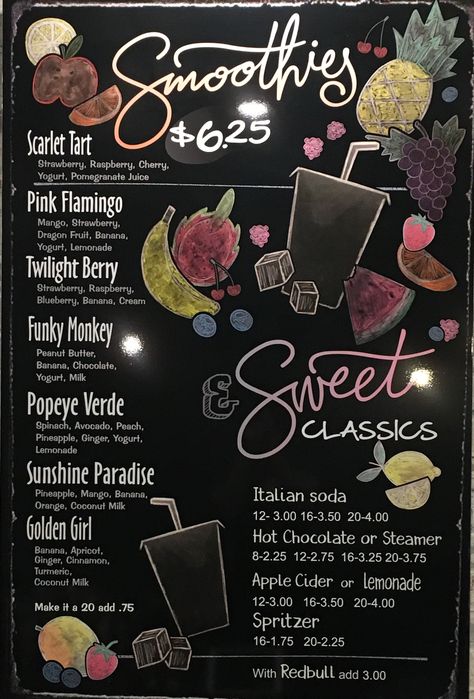 Smoothie Bar Menu Design, Smoothie Chalkboard Art, Smoothie Menu Ideas, Smoothie Stand Ideas, Smoothie Bar Ideas Design, Smoothie Shop Bloxburg, Smoothie Names Creative, Smoothie Shop Design Ideas, Smoothie Store Design