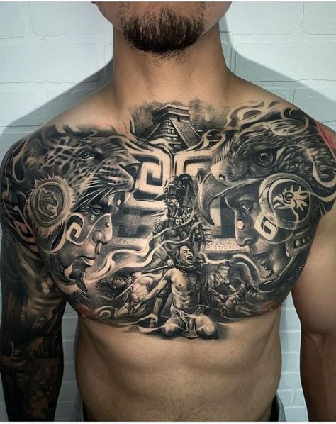 Mayan Chest Tattoo, Mexican Chest Tattoo For Men, Aztec Chest Piece, Mexican Neck Tattoo, Mexican Chest Tattoo, Mexican Back Tattoos, Mexican Tattoo Ideas For Men Aztec, Mayan Tattoos Men, Aztec God Tattoo