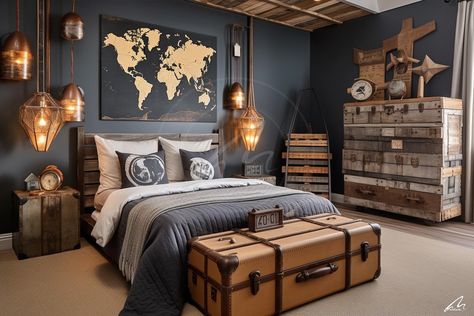 "Bedroom Design" #bedroomideas #retrointeriors #creativeinterior #mahdiseño #interiorarchitect #uniquebedroom Traveler Room Decor, Indiana Jones Bedroom, Boys Industrial Bedroom, Nautical Bedroom Ideas, Ocean Academia, Dark Academia Bedroom Ideas, Travel Room Decor, Academia Bedroom, 2024 Bedroom