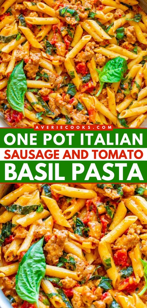 Don't miss out on this one-pot meal! It's easy and ready in just 20 minutes. Full of creamy, cheesy goodness, juicy tomatoes, and fresh basil, this Italian sausage pasta is sure to be a hit! Put this penne pasta recipe on your rotation of weeknight dinners! Hot Italian Sausage Recipes, One Pot Italian, Sweet Italian Sausage Recipes, Sausage Penne Pasta, Sausage Penne, Pasta Board, Fresh Tomato Pasta, Sausage Recipes For Dinner, Penne Pasta Recipes