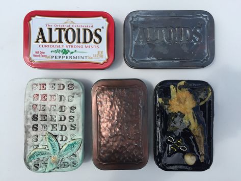 Altoid Tin Jewelry Holder, Decorating Altoid Tins, Painting Altoid Tins, Decorated Altoid Tins, Altoid Tin Ideas, Altoids Mints, Clay Whistle, Metallic Copper Paint, Container Crafts