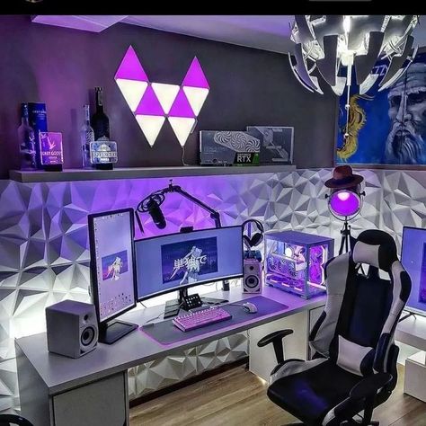 cool gaming setup Games Room Inspiration, Small Game Rooms, Gaming Desk Setup, Best Gaming Setup, Computer Gaming Room, Gamer Setup, Computer Desk Setup, Gamer Room Decor, Video Game Room Design