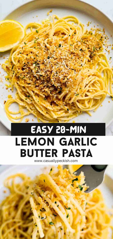 Lemon Garlic Butter Pasta Lemon Butter Garlic Pasta, Creamy Garlic Prawn Pasta, Weekend Lunch Ideas, Lemon Butter Pasta, Creamy Tuna Pasta Bake, Garlic Prawn Pasta, Brunch Ideas Recipes, Cheesy Sausage Pasta, Garlic Prawn