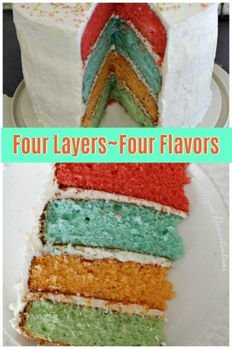 How to make a Four Flavor Cake with four layers. Each layer is a different flavor and color. Tricks with cake mix are what makes this cake fun and tasty. #cake #trickwithcakemix 3 Layer Cake Different Flavors, Cake With Different Flavored Layers, Multi Flavor Layer Cake, Multi Flavor Cake, Four Layer Cake, Rainbow Layer Cake, Cool Whip Frosting, Rainbow Layer Cakes, Tasty Cake