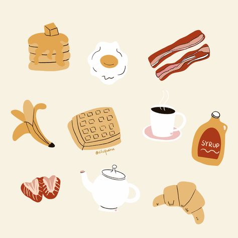 Breakfast Illustration Cute, Breakfast Food Illustration, Brunch Illustration Design, Pancakes Drawing, Brunch Illustration, Breakfast Drawing, Illustration Breakfast, Foodie Illustration, Pancake Drawing