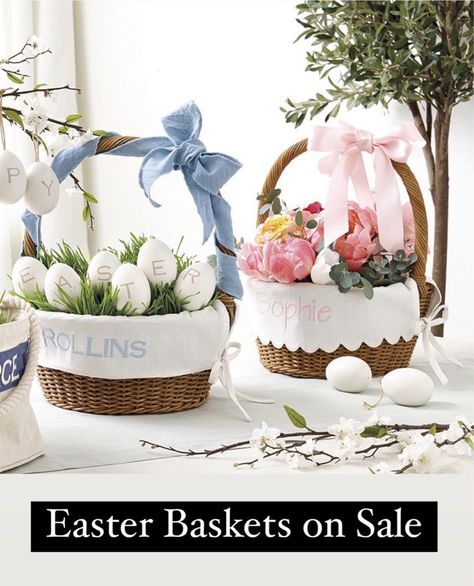 Beautiful Easter Baskets, How To Make Easter Baskets, Pottery Barn Easter Basket, Easter Aesthetics, Pottery Barn Easter, Easter Baskets For Kids, Wicker Easter Basket, Monogrammed Easter Basket, Easter Basket Liner