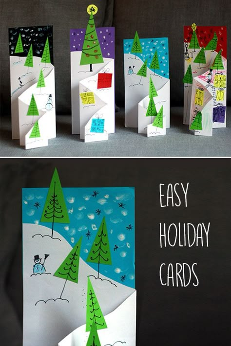 DIY Christmas Cards Ideas - Folding Ski Slope Christmas Cards Homemade Holiday Cards, Simple Holiday Cards, Christmas Cards Kids, Simple Christmas Cards, Cards Easy, Snacks Easy, Christmas Card Crafts, Diy Christmas Cards, Winter Art