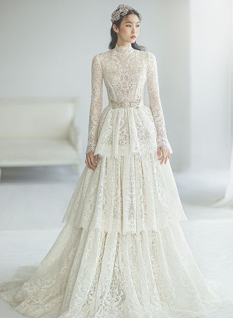 High Neck, Long Sleeves, French Lace, Wedding Dress, Classic Wedding Dress, Katya Katya London, Couture Wedding Dress, Tiered Skirt, Church Wedding, Winter Wedding Wedding Dress High Neck Long Sleeve, Classic Dress Wedding, Full Sleeved Wedding Dress, High Collared Wedding Dress, High Neck Vintage Wedding Dress, High Neck Long Sleeved Wedding Dress, Wedding Dress French Style, Long Sleeve Lace Wedding Dress High Neck, Classic Vintage Dress