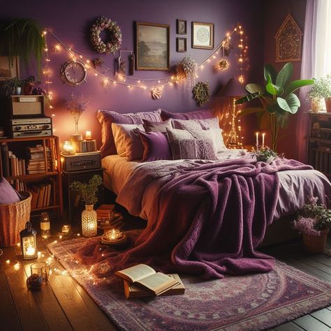 Purple Aesthetic Room Jewel Tone Cottagecore, Dark Purple Aesthetic Bedroom, Deep Plum Bedroom, Purple Witchy Room, Purple Celestial Bedroom, Dark Purple Room Decor, Purple Moroccan Bedroom, Small Bedroom Ideas Purple, Cozy Bedroom Purple