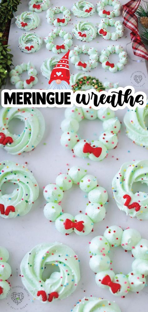 Christmas Meringue Wreath Cookies will put a smile on everyone’s face this holiday season! Perfectly sweet and fluffy with an airy crunch, these wreath Christmas cookies will disappear quickly! They are easy to make and require just a few simple ingredients. Meringue Wreath, Christmas Meringue, Delicious Holiday Desserts, Easy Holiday Desserts, Wreath Cookies, Cookie Swap, Christmas Sweets, Great Desserts, Christmas Goodies