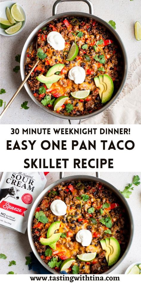 Easy Skillet Meals Healthy, One Pan Taco Skillet, Taco Skillet Recipe, Healthy Skillet Meals, Taco Skillet, Easy Skillet Meals, One Skillet Meals, Healthy Tacos, Fast Easy Meals