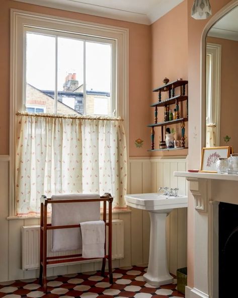 Anna Eleri | i've been looking at warm coloured bathrooms for our loft, and think @alexandratolstoy's Ointment Pink (F&B) may be just the right shade...… | Instagram English Bathroom, Alexandra Tolstoy, Half Curtains, Palmer House, Curtains Bathroom, Painted Cupboards, Bathroom Window, Colour Consultant, London House