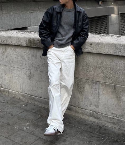 Mens Outfit Black, White Trousers Outfit Men, White Pants Outfit Winter, Blue Jeans Outfit Men, White Pants Winter, Cotton Wide Leg Pants, White Pants Men, Wide Leg Pants Casual, F Men