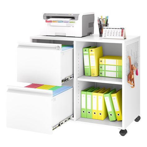 PRICES MAY VARY. EXCELLENT STORAGE SPACE: This file cabinet not only has two lockable drawers but also an open storage compartment for better storage of items. In addition, there are hooks on the side for hanging items. HIGH-QUALITY MATERIALS: The filing cabinet uses high-quality cold-rolled steel as the cabinet body, which is strong and durable. The surface is coated for easy cleaning. The overall weight capacity can reach about 150 pounds. FLEXIBLE MOBILITY: There are 4 360° rotating wheels at Home Office Storage Solutions, Office Storage Ideas For Small Spaces, Classroom Cabinet Decor, Small Home Office Storage, Organization For Office, Small Office Organization, Shelves For Home Office, Organize Office, Home Office White