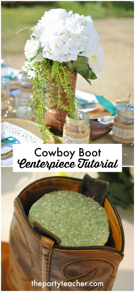 Cowboy Boot Centerpieces Wedding, Cowboy Centerpieces Western Theme Table Decorations, Wild West Table Decorations, Shabby Chic Western Party, Cowboy Boot Decorations, Country Western Table Centerpieces, Boots And Bling Centerpieces, Boot Centerpieces Quinceanera, Cowboy Boot Centerpieces Western Theme