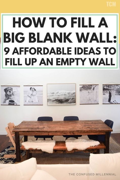 How To Fill A Big Blank Wall: 9 Affordable Ideas To Fill Up An Empty Wall, big blank wall ideas for living room, bedrooms, kitchen, or hallways, budget friendly wall decor, easy diy wall decor ideas for large signs, ideas like hanging shelves, painting, wallpaper, minimalist gallery wall, #walldecor, #blankwall, #emptywall Big Blank Wall Ideas, Blank Wall Ideas, Wall Ideas For Living Room, Easy Diy Wall Decor, Large Wall Decor Bedroom, Diy Wall Decor Ideas, Minimalist Gallery Wall, Oversized Wall Decor, Big Blank Wall