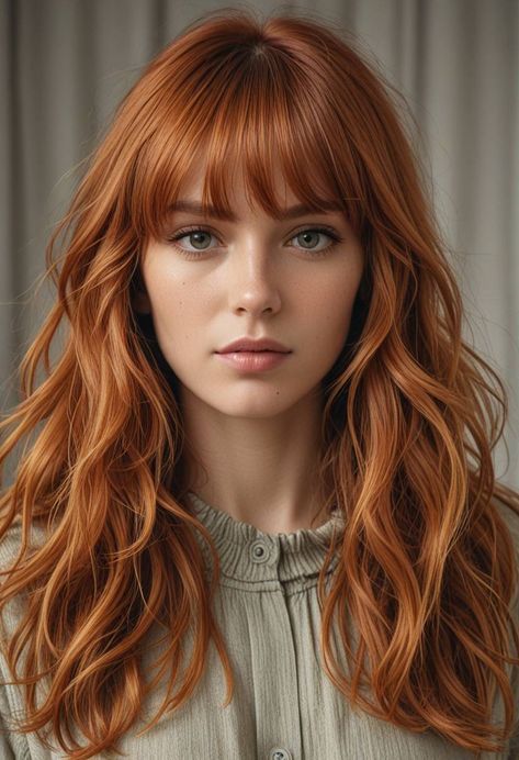 Clothes For Redheads, Red Hair With Bangs, Bangs Haircut, Red Hair Inspo, Haircut Types, Hair Magazine, Long Red Hair, Girls With Red Hair, Hair With Bangs