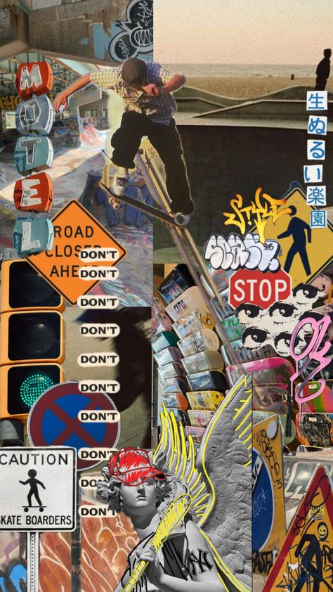 Skate Core Aesthetic, Cool Skater Wallpaper, La Skater Aesthetic, Skater Moodboard, Skater Background, Skater Wallpaper Aesthetic, Skater Backgrounds, Skateboard Collage, Skatepark Aesthetic