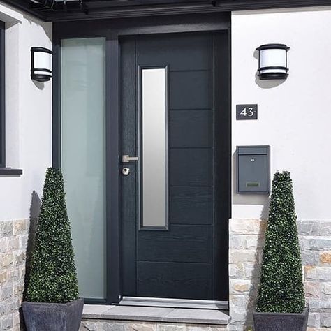 Grey Composite Front Door, Grey Front Door, Unique Front Doors, Door Frame Molding, House Front Door Design, Composite Front Door, Doors And Floors, Wood Front Doors, Glass Panel Door