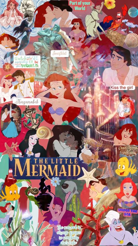 Ariel Background, Ariel Collage, The Little Mermaid Wallpaper, Ariel Aesthetic, Mermaid Collage, Ariel Wallpaper, Little Mermaid Wallpaper, Mermaid Cartoon, Disney Illustration