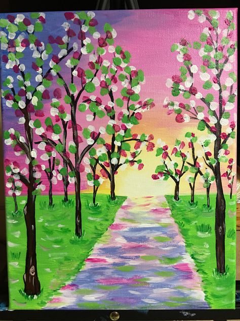 Spring Time Drawings, Springtime Drawings, Spring Easy Drawings, Spring Drawings Ideas Art Easy, Spring Painting Ideas On Canvas Acrylics, Simple Spring Painting, Spring Art Work, Spring Landscape Drawing, Spring Painting Ideas Easy