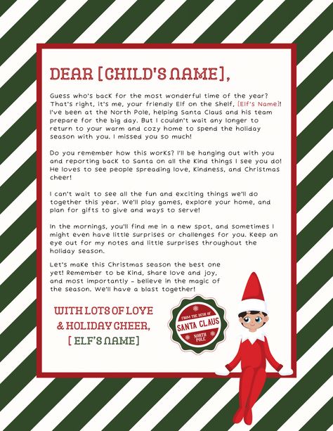 Get ready for the Elf on the Shelf with this free completely customizable Elf on the Shelf Letter Template. It's easy to customize the Elf on the Shelf letter with this cute printable download! I'm Back Elf On Shelf Letter, We’re Back Elf Printable, Free Editable Elf On The Shelf Notes, Letter For Elf Arrival, Elf On The Shelf Notes First Day, Elf On The Shelf Returns Ideas Letter, Elf Back Letter Printable Free, Elf On The Shelf First Day Letter, Elf On The Shelf Arrival Letter Classroom