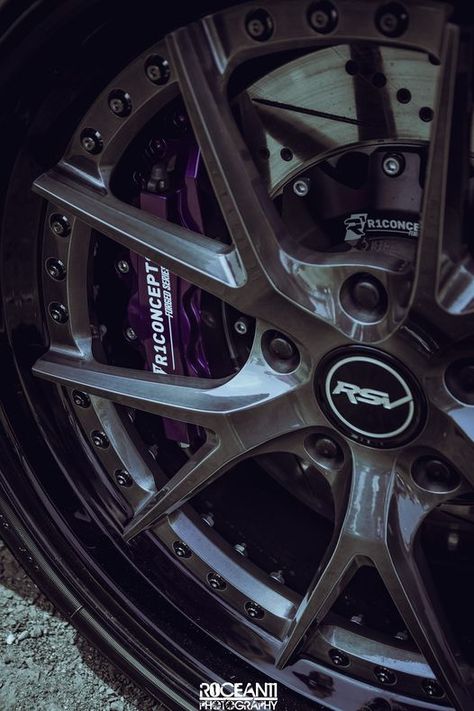 R1 equipped purple caliper black hat. Brakes: R1 Forged Series Big Brake Kit ✅ Modifications May Be Required! ✅ Improved Braking Performance! ✅ Most Years, Makes, and Models in-stock and ready to ship! Learn More 👉🏻 www.r1concepts.com/bbk #STOPPINGTHEWORLD #R1concepts #teamR1 #stoppingpower #brakes #r1bbk #r1forgedseries #RSV #wheelbrakewednesday Black And Purple Car, Black And Purple Car Interior, Black Car With Purple Accents, Car With Purple Lights, Purple Brake Calipers, Black Motorcycle With Purple Lights, Purple Wrap, Black Hood, Racing Seats