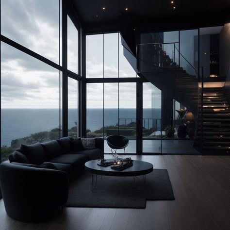 Dark luxury house on the ocean Dark Luxury House, House On The Ocean, Mob Aesthetic, Dark Home Aesthetic, Dark Homes, Vintage Mansion, Modern Neoclassical, Black Vibes, Dark Luxury