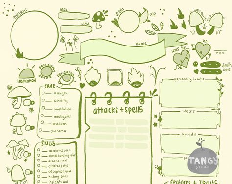 Hand-drawn PDF / Printable Character sheets for D&D. Tailor made D&D Sheets that are the perfect companion for all your adventures! With cute hand-drawn designs, enjoy using sheets that perfectly suit your character's future adventures. Perfect as a printable and for tablet note keeping. What you get: * 2 digital PDF files - 2 Printable Versions (Color and Grayscale) in Letter-size.  * 3 Sheets (Character Sheet, Backstory and Spell Sheet) We hope you enjoy your Tangy Goods Design! Please tag us on Instagram (Tangygoodshop) if you use, and to check out our other designs (We also have personalized commissions) Character Sheet Template Design, D And D Character Sheets, Character Journal Ideas, Dnd Note Taking, Cute Dnd Character Sheet, Dnd Journal Ideas, Dnd Character Sheet Template, Dnd Notebook Ideas, Character Sheet Base