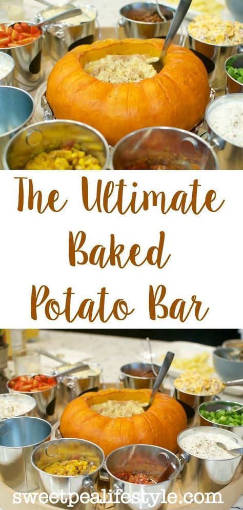 The Ultimate Baked Potato Bar is the perfect fall family dinner party! Baked potato topping ideas and an easy free printable to help you along the way! Baked Potato Topping Ideas, Bacon Pimento Cheese, Potato Bar Toppings, Pumpkin Fondue, Baked Potato Toppings, Baked Potato Bar, Family Dinner Party, Potato Bar, Diy Easy Recipes