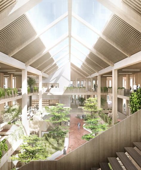 AART to grow 'babylonian garden' inside wooden building in denmark Social Housing Architecture, Atrium Design, Wooden Office, Wooden Building, Community Housing, Wooden Buildings, Community Space, Garden Architecture, Green Architecture