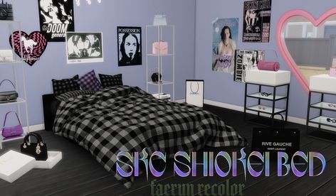 SKC shiokei bed ♡ ✧ mesh not required but you can find it here ✧ 10 swatches Sims 4 Alt Build Cc, Alt Sims 4 Cc Furniture, Sims 4 Emo Bedroom Cc, Bed Frame Sims 4 Cc, Skater Room Decor, Sims 4 Grunge Cc, Sims 4 Bed Cc, Alt Sims, Alternative Room