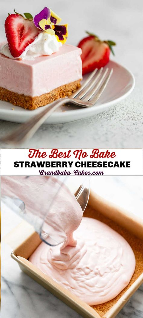 No Bake Strawberry Cheesecake Recipe – The easiest and most delicious strawberry cheesecake bars fit for any celebration.  The filling is absolutely sensational and tastes just like strawberry ice cream.  Addictive!  #cheesecake #strawberry #nobake #nobakecheesecake Strawberries Cheesecake Filling, Strawberry Dessert Recipes Easy No Bake, Strawberry Cheesecake Bars Easy, Strawberry Cheesecake Pie No Bake, Strawberry Cheesecake Dessert Recipes, Strawberry Cheesecake Recipes Easy Homemade, No Bake Cheesecake Strawberry, Easy Strawberry Cheesecake Recipes, Non Bake Cheesecake Recipes