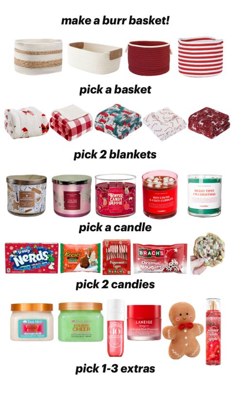 Things To Make Your Friends For Christmas, Cute Christmas Baskets For Best Friend, Christmas Gift Basket Ideas For Best Friend, Christmas Basket Ideas For Best Friend, Diy Gift Basket Ideas For Christmas, Christmas Gift Ideas For Secret Santa, Gift Baskets Christmas Ideas, Teen Christmas Basket Ideas, Xmas Eve Box Ideas For Adults