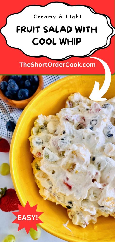 Bowl filled with fresh cut fruit & Cool Whip dairy topping. Fruit Salad Cool Whip, Fruit Salad With Cool Whip, Fruit Salad With Cream, Tropical Fruit Salad Recipe, Frozen Fruit Salads, Christmas Fruit Salad, Fruit Salad Ingredients, Cheesecake Fruit Salad, Fruit Salad With Marshmallows