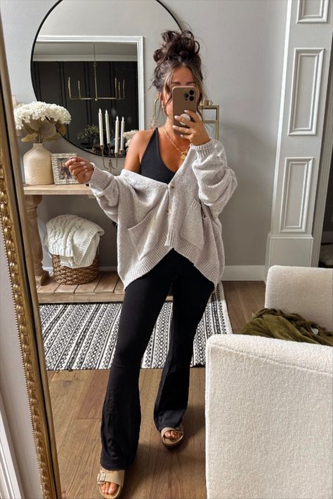 Ribbed Lounge Pants Outfit, Comfy Cozy Work Outfit, Jumpsuit With Sweater Over It, Fall Outfit Jumpsuit, Lounge Jumpsuit Outfit, Women Comfortable Outfits, Comfy Brunch Outfit Winter, Cozy Postpartum Outfits, Athletic Jumpsuit Outfit Winter