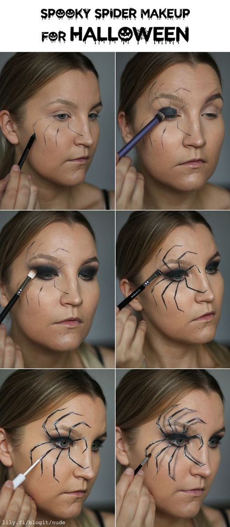 Halloween Spider Makeup, Spider Face Painting, Spider Makeup, Spider Face, Spider Costume, Mascaras Halloween, Cute Halloween Nails, White Eyeliner, Black Eyeshadow