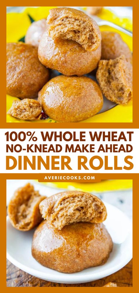 100% Whole Wheat No-Knead Make Ahead Dinner Rolls with Honey Butter - Averie Cooks Make Ahead Dinner Rolls, Whole Wheat Dinner Rolls Recipe, Wheat Dinner Rolls Recipe, Whole Wheat Dinner Rolls, Wheat Dinner Rolls, Whole Wheat Rolls, Wheat Bread Recipe, Wheat Recipes, Yeast Bread Recipes