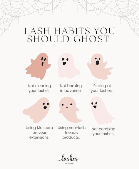 Here are some habits you should definitely ghost!👻✨ Makesure to SAVE this post so you can avoid making these mistakes! #lashextensions #lashtips #lashtipsandtricks #lashextensionsplymouth #eyelashextensions #lashbusiness #lashbusinessowner #lashretention #lashretentiontips Lash Business Social Media, Lash Post Captions, Lash Tips For Clients, Lashes Marketing, Cosmetology Studio, Spa Content, Esthetician Humor, Estie Bestie, Lash Babe