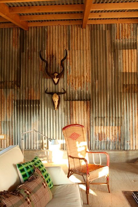 Paneling Walls, Deer Heads, Corrugated Tin, Rustic Luxe, Converted Barn, Tin Walls, Painting Wood, Corrugated Metal, Design Del Prodotto